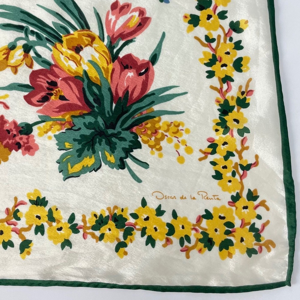 Vintage Oscar de la Renta Silk Scarf Floral Women Retro FLAWS White Colorful